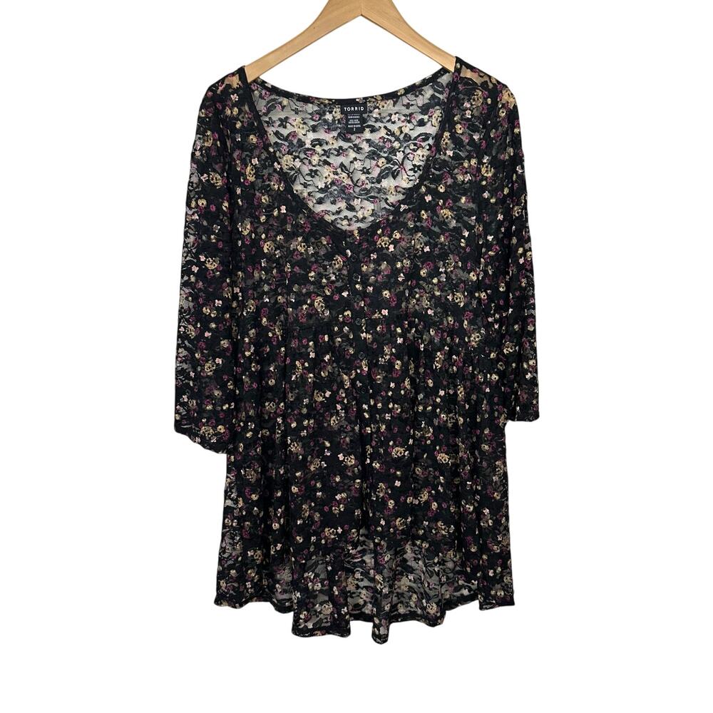 Torrid Dark Fairy Floral Tunic 2X Button Up Scoop Sheer Stretch Lace Romantic